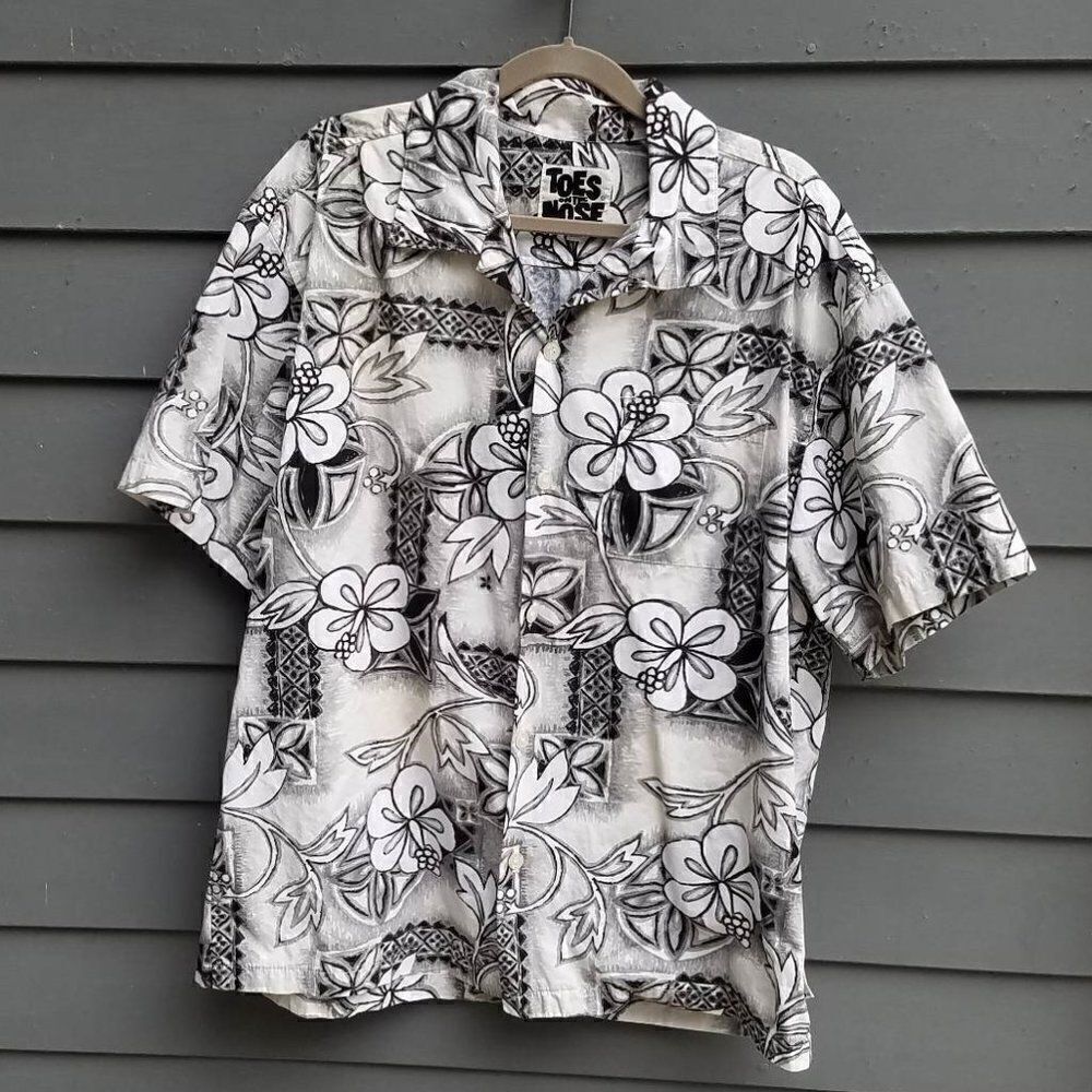 MENS Vintage Toes on the Nose Gray Black White Tropical Hawaiian Shirt Size XL